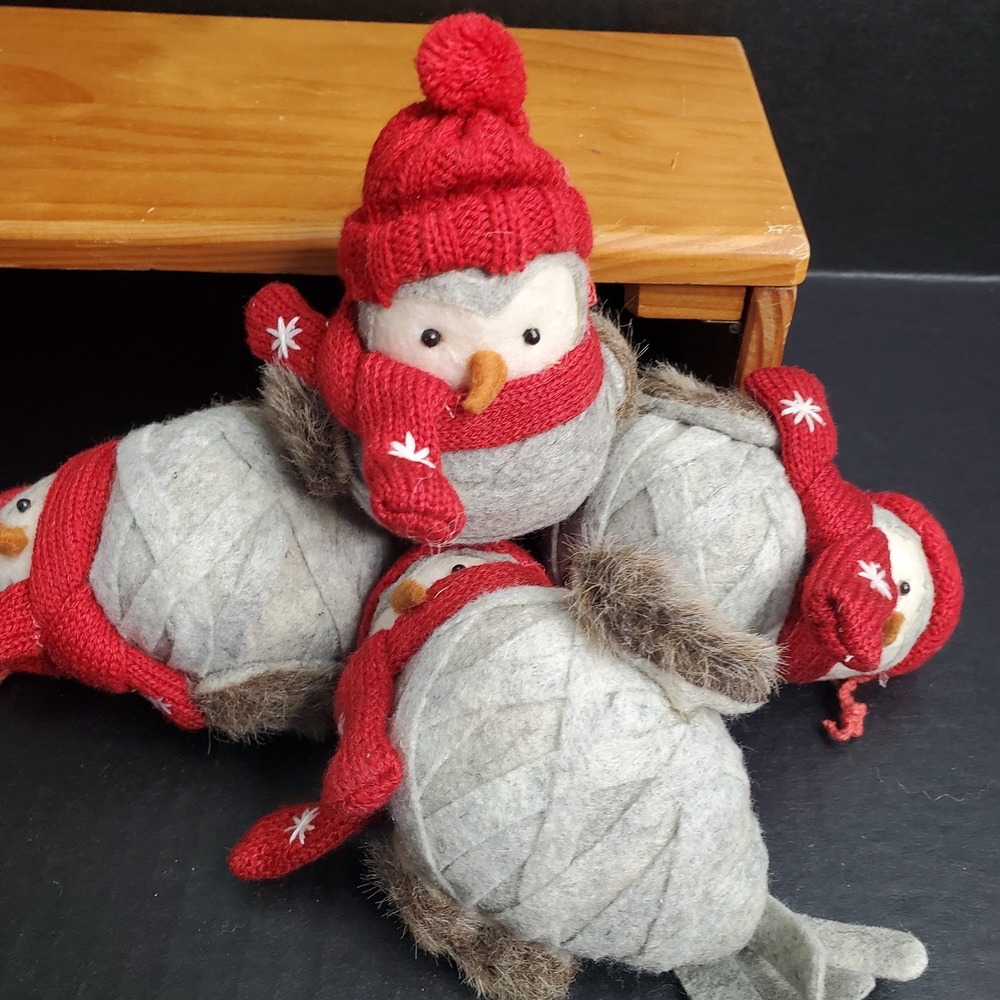 Gray Felt Christmas Birds‎ W/ Red Winter Hat Scarf Set Of 4 Tiered Tray Decor *